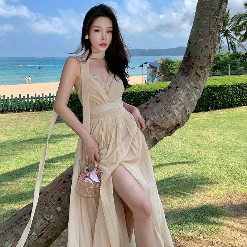 Pinched waist sexy summer dress slim vacation sling long dress