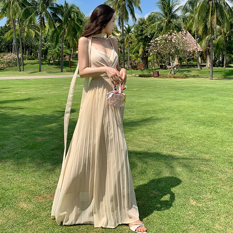 Pinched waist sexy summer dress slim vacation sling long dress