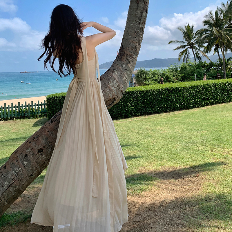 Pinched waist sexy summer dress slim vacation sling long dress