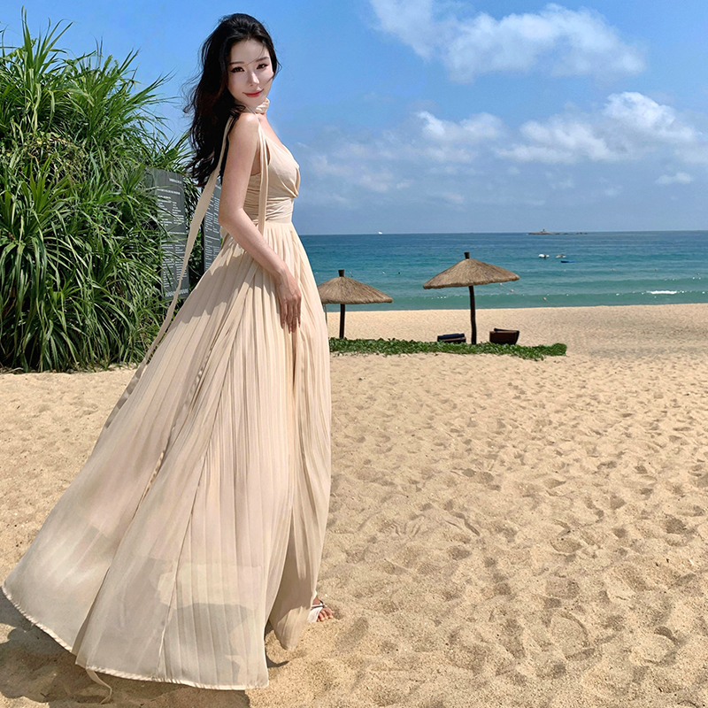 Pinched waist sexy summer dress slim vacation sling long dress