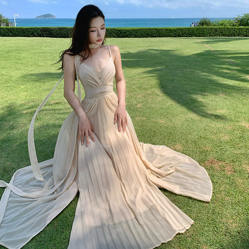 Pinched waist sexy summer dress slim vacation sling long dress
