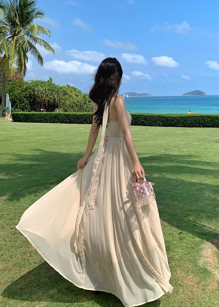 Pinched waist sexy summer dress slim vacation sling long dress