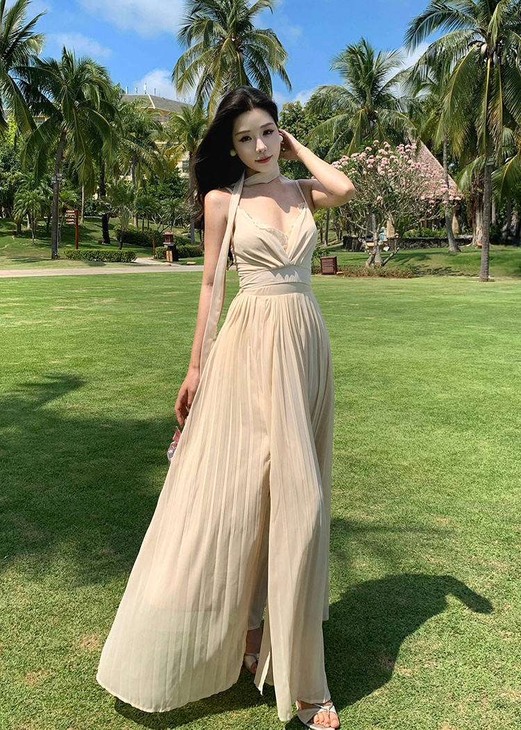 Pinched waist sexy summer dress slim vacation sling long dress