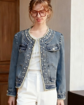 Beading fashion denim jacket simple loose all-match tops