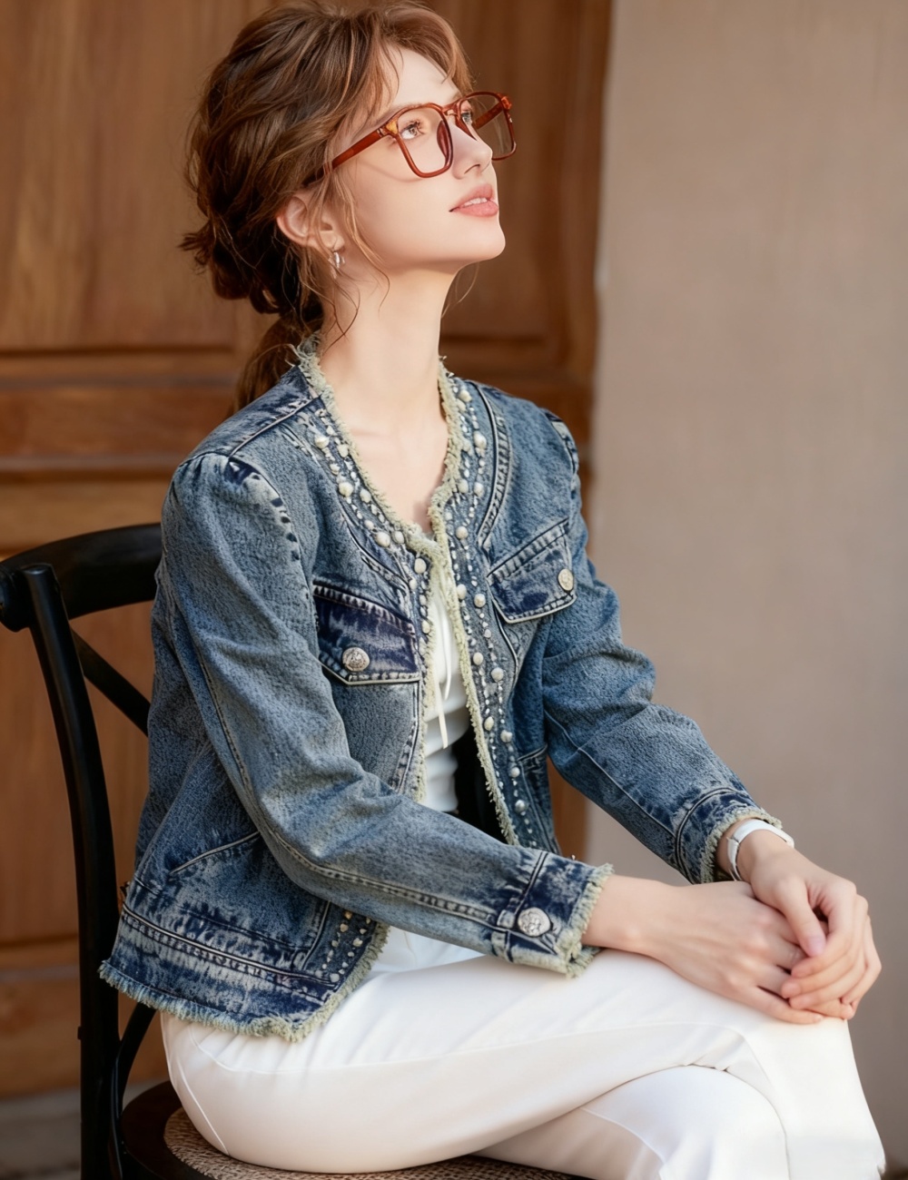 Beading fashion denim jacket simple loose all-match tops
