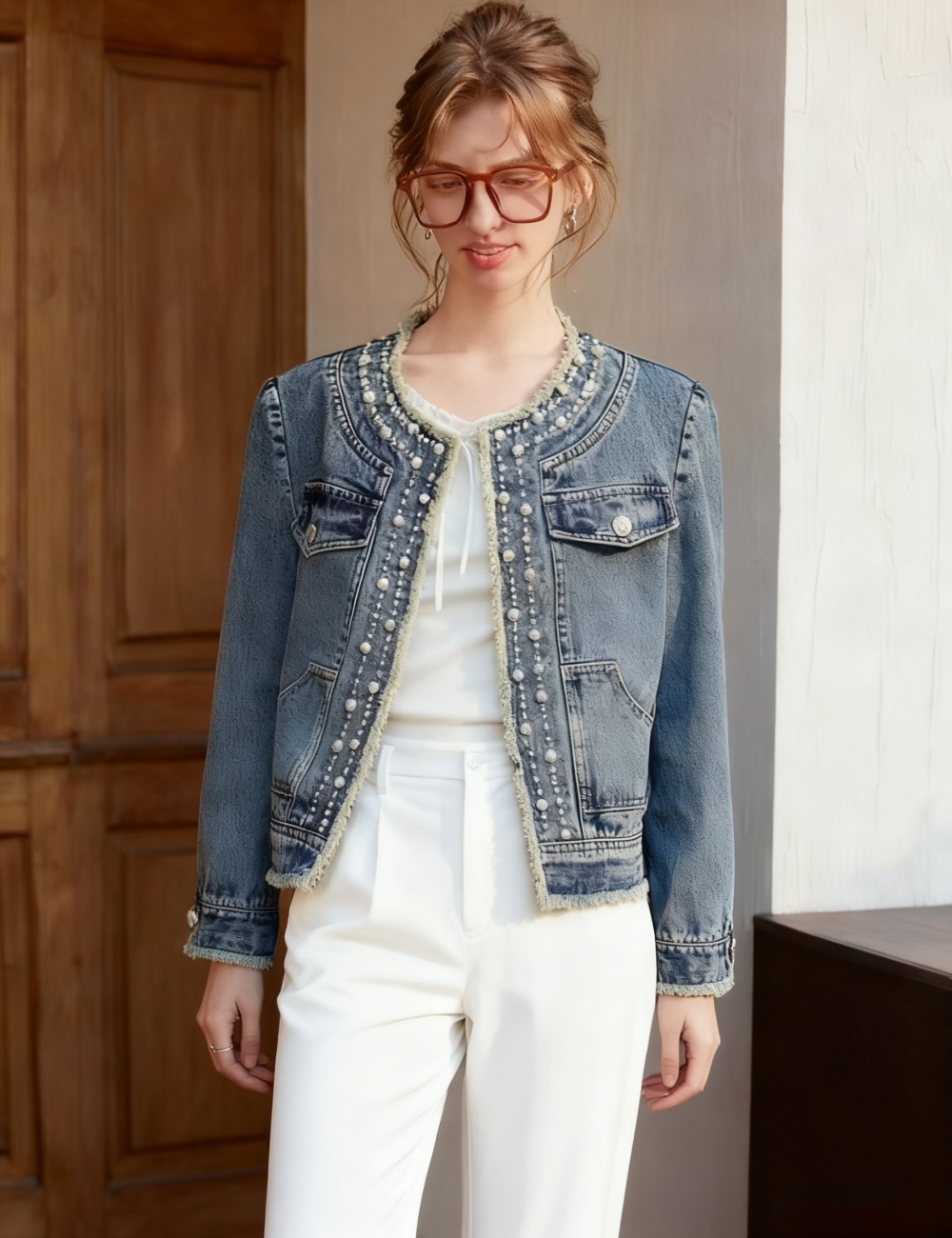 Beading fashion denim jacket simple loose all-match tops