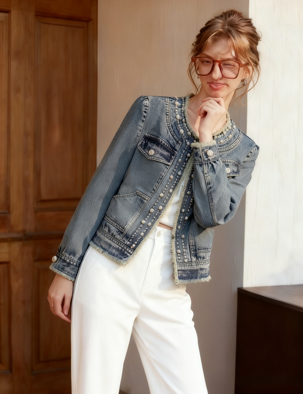 Beading fashion denim jacket simple loose all-match tops