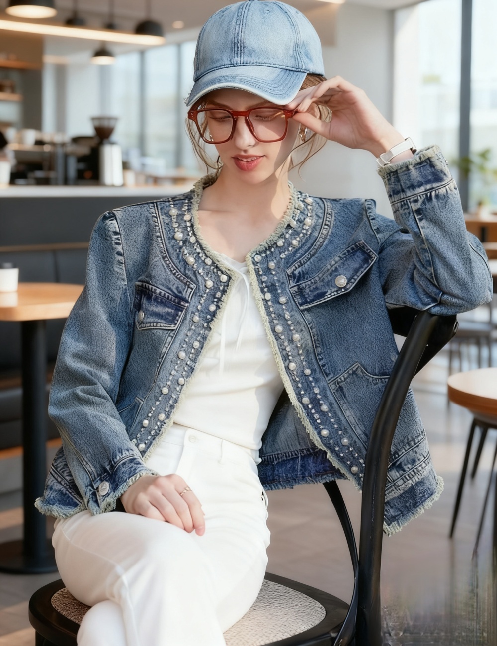 Beading fashion denim jacket simple loose all-match tops