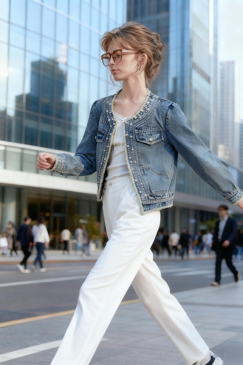 Beading fashion denim jacket simple loose all-match tops