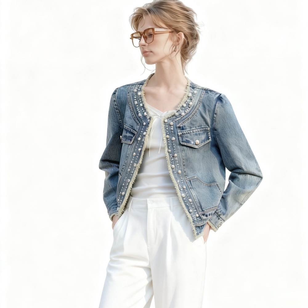 Beading fashion denim jacket simple loose all-match tops