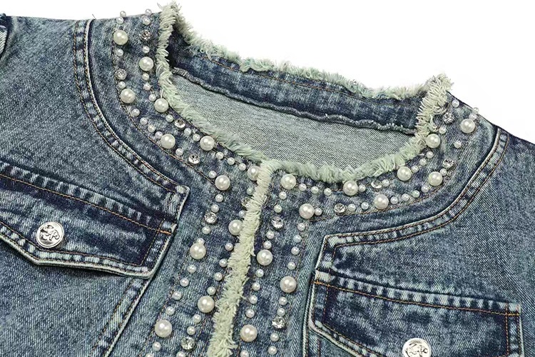 Beading fashion denim jacket simple loose all-match tops