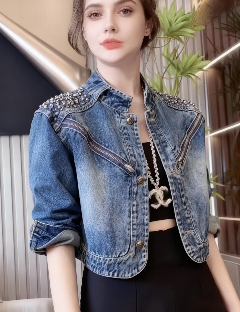 Temperament rhinestone short tops denim elegant fashion coat