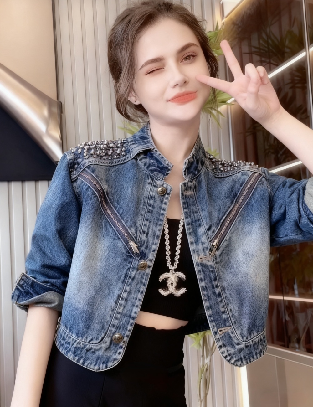 Temperament rhinestone short tops denim elegant fashion coat