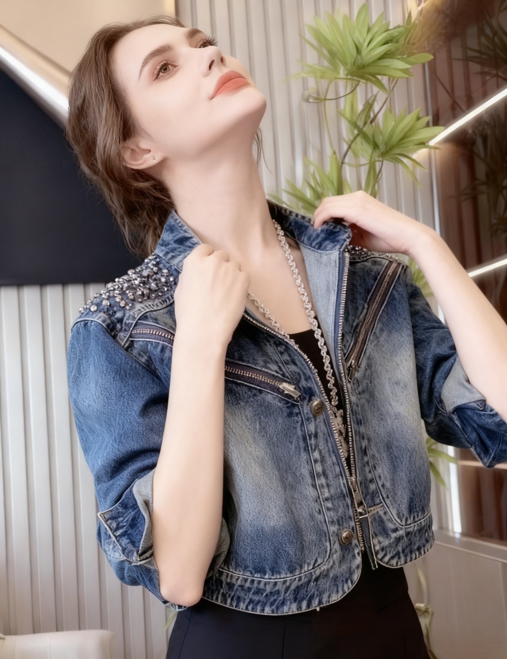 Temperament rhinestone short tops denim elegant fashion coat