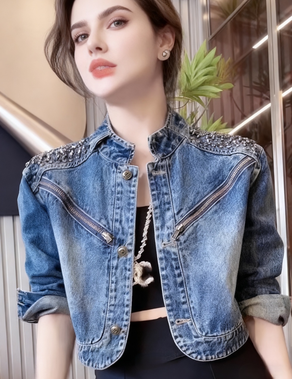 Temperament rhinestone short tops denim elegant fashion coat