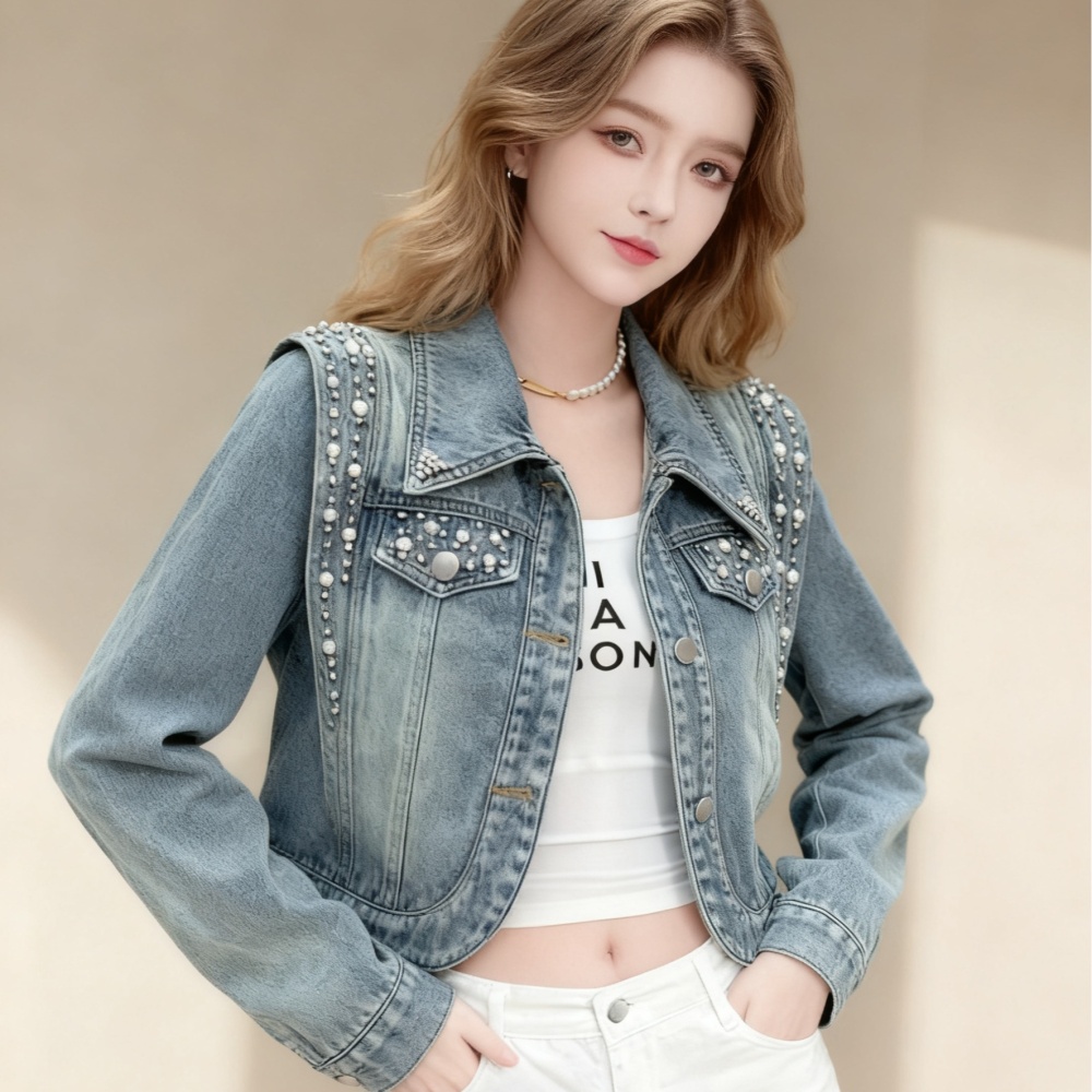Korean style loose denim jacket beading short tops