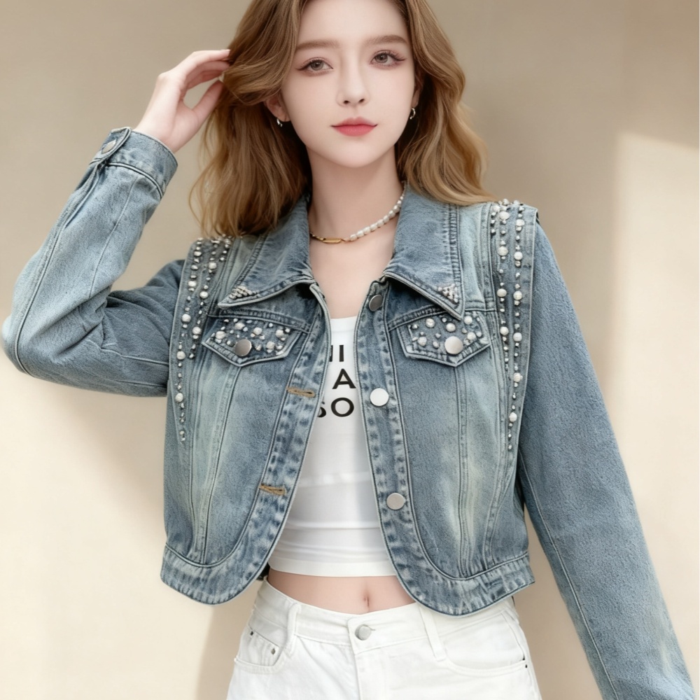 Korean style loose denim jacket beading short tops