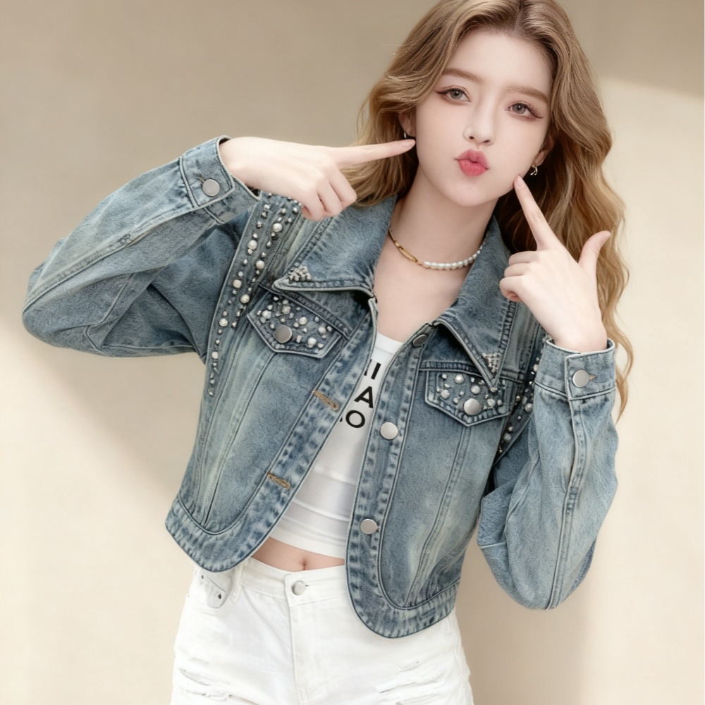 Korean style loose denim jacket beading short tops