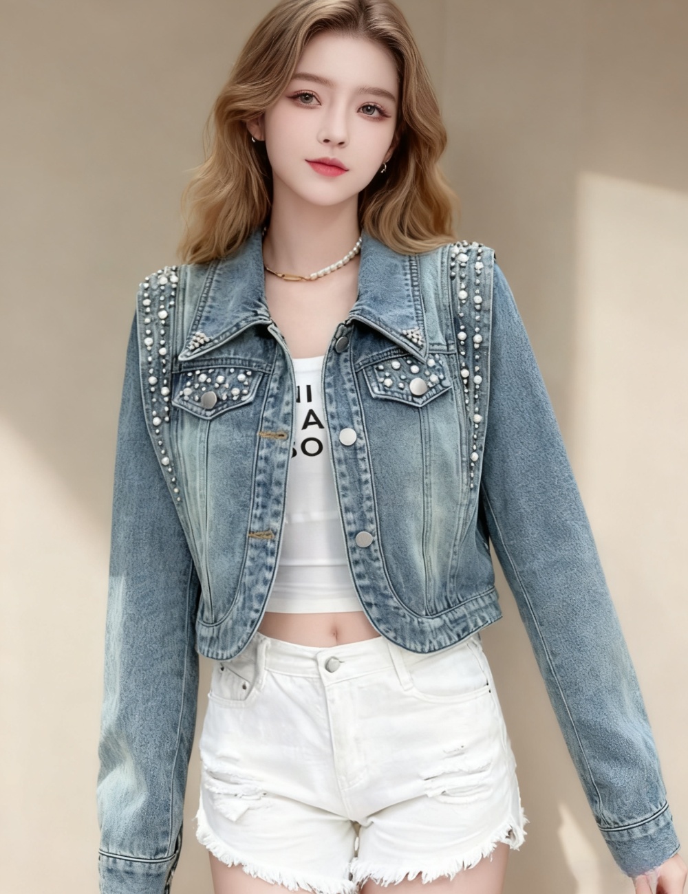 Korean style loose denim jacket beading short tops