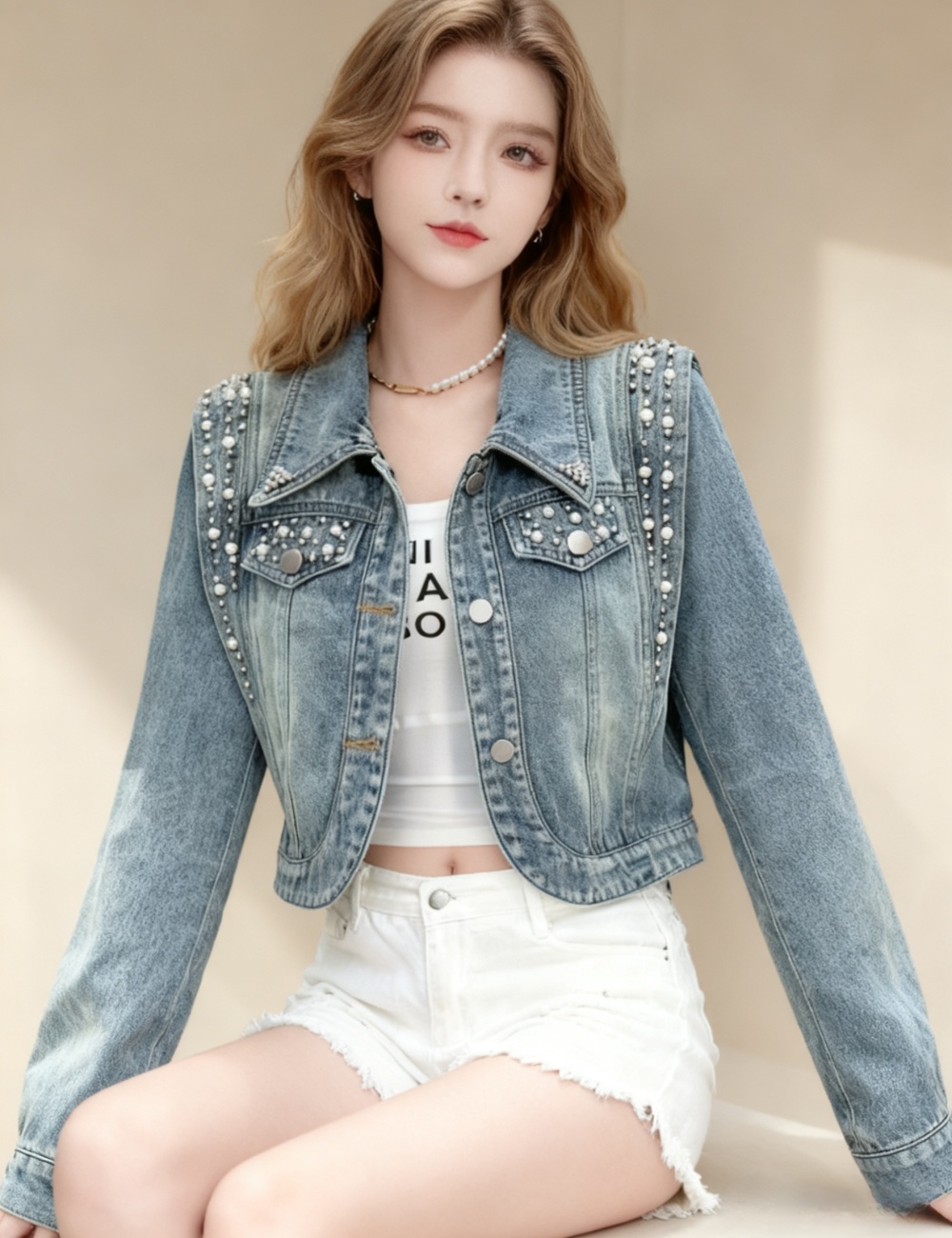 Korean style loose denim jacket beading short tops