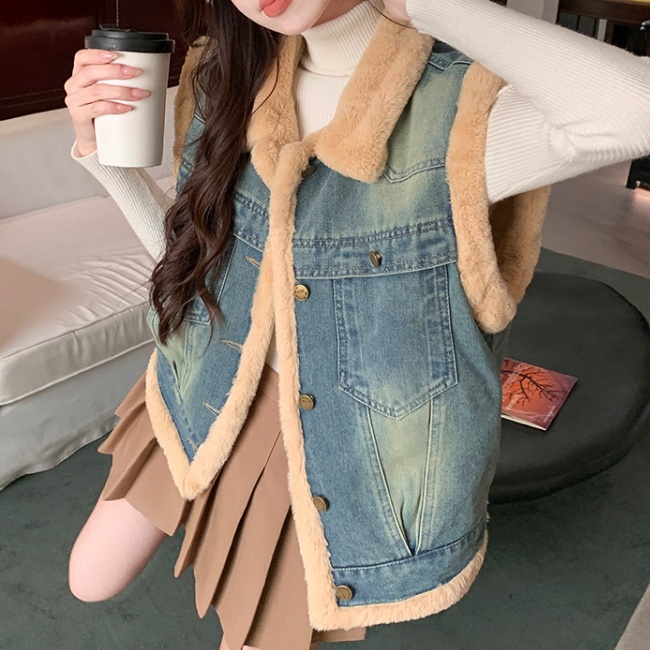 Loose cold thermal denim Korean style Casual waistcoat