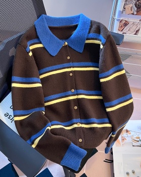 Knitted stripe jacket mixed colors cardigan for women