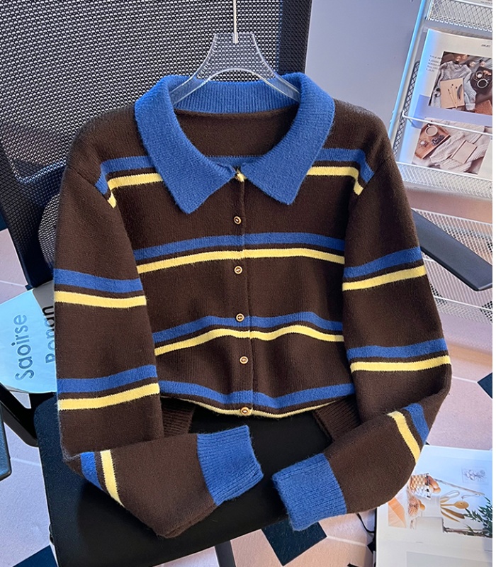 Knitted stripe jacket mixed colors cardigan for women