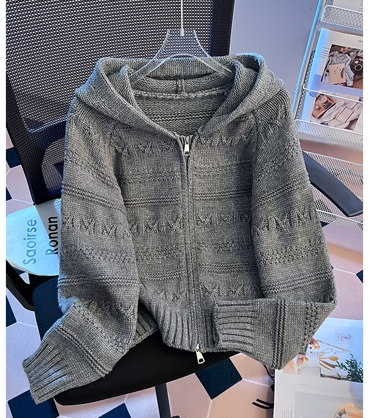 Spring apricot crochet cardigan double zip hooded tops