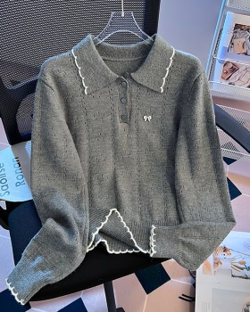 Loose mixed colors lace tops lapel spring hollow sweater