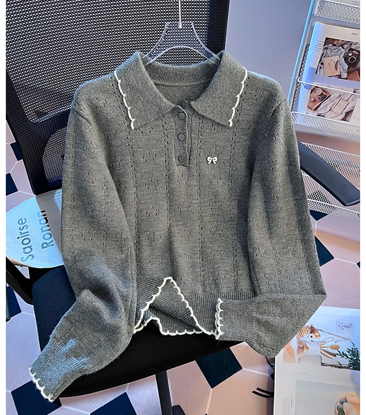 Loose mixed colors lace tops lapel spring hollow sweater