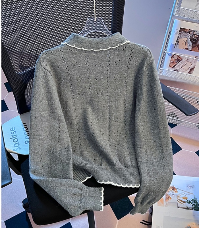 Loose mixed colors lace tops lapel spring hollow sweater
