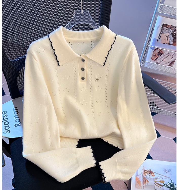 Loose mixed colors lace tops lapel spring hollow sweater