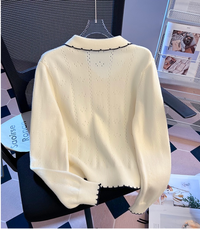 Loose mixed colors lace tops lapel spring hollow sweater