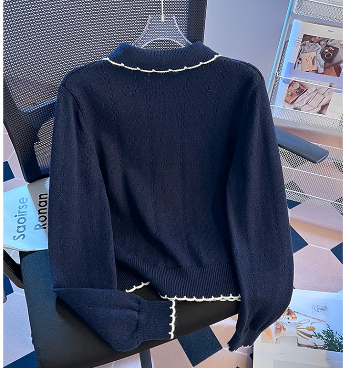 Loose mixed colors lace tops lapel spring hollow sweater