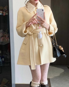 Tender lace woolen coat yellow winter overcoat for women