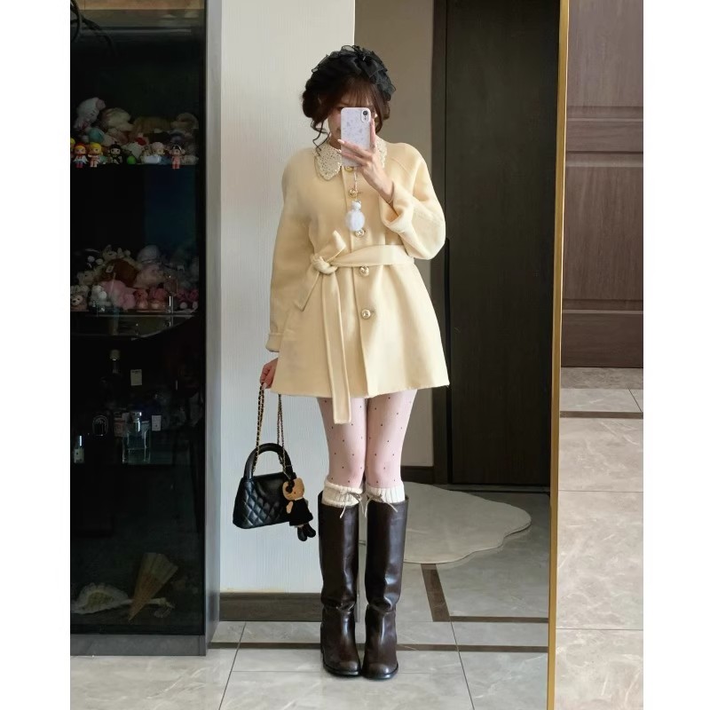 Tender lace woolen coat yellow winter overcoat for women