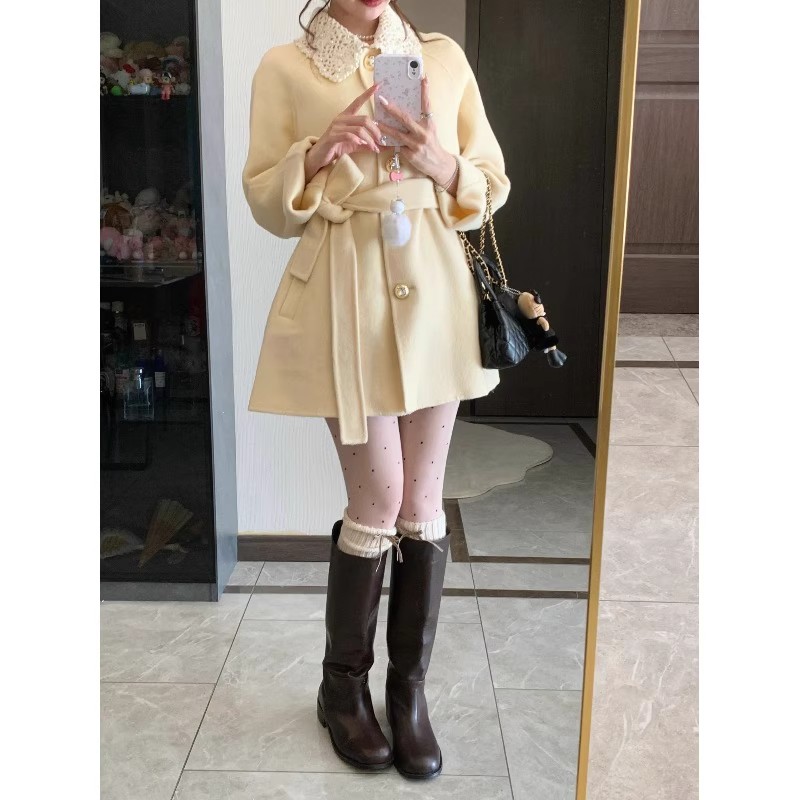 Tender lace woolen coat yellow winter overcoat for women