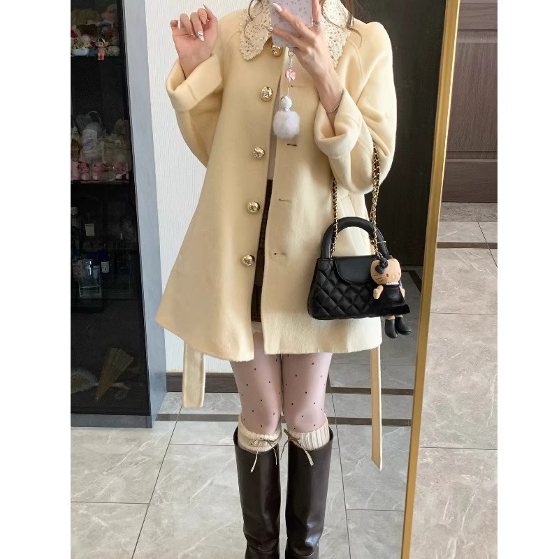 Tender lace woolen coat yellow winter overcoat for women