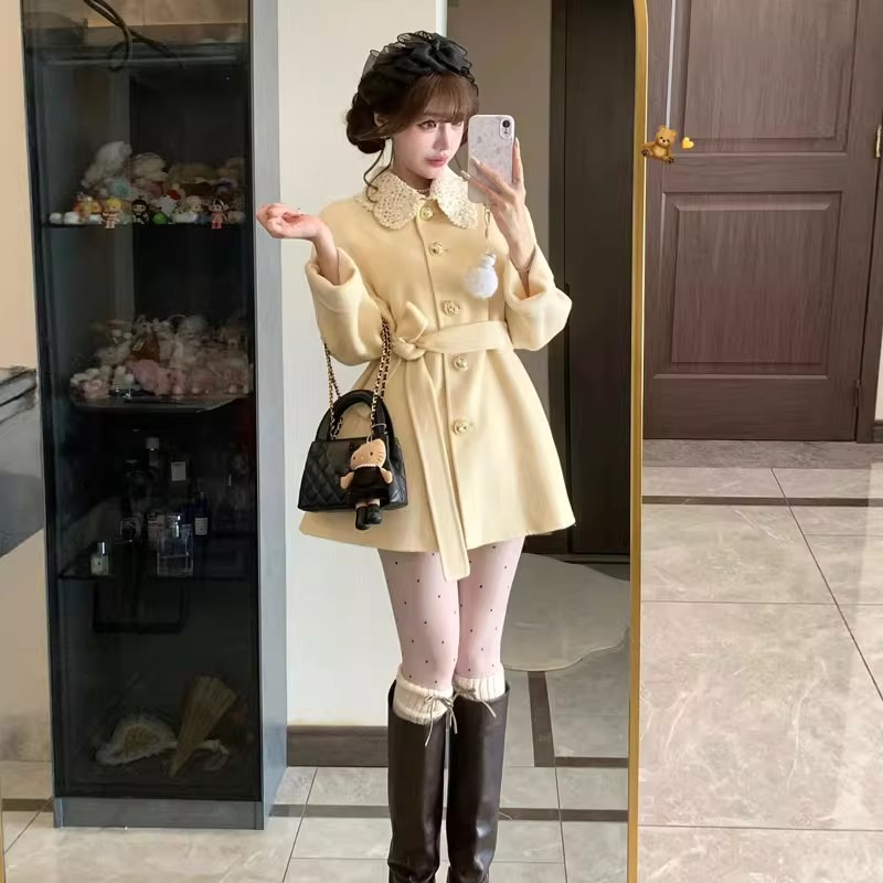Tender lace woolen coat yellow winter overcoat for women