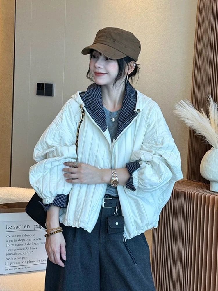 Fashion hooded tops retro lined jacket for women