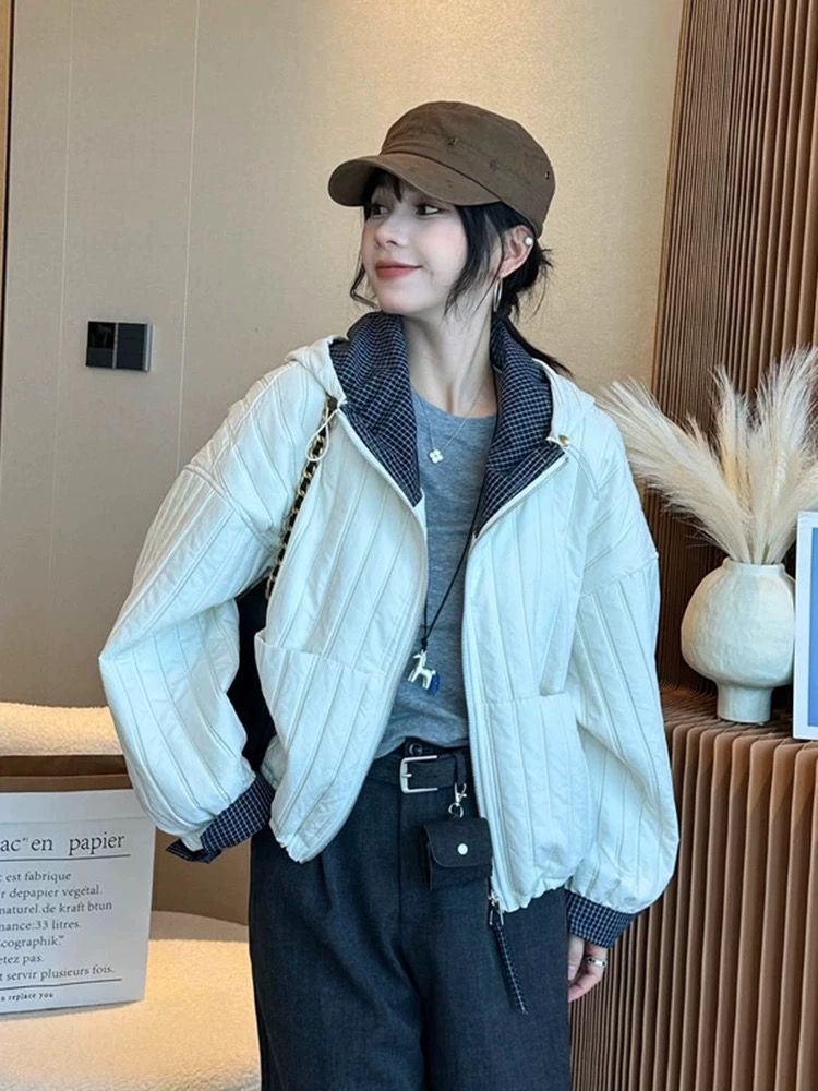 Fashion hooded tops retro lined jacket for women