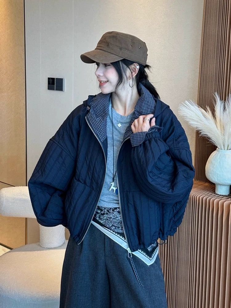 Fashion hooded tops retro lined jacket for women