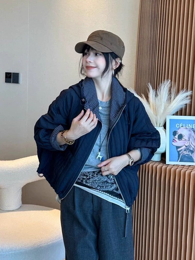 Fashion hooded tops retro lined jacket for women