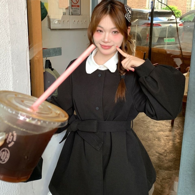 Round neck lantern sleeve dress frenum overcoat for women