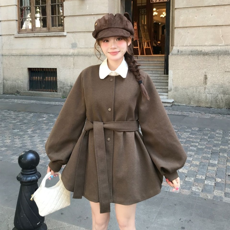 Round neck lantern sleeve dress frenum overcoat for women