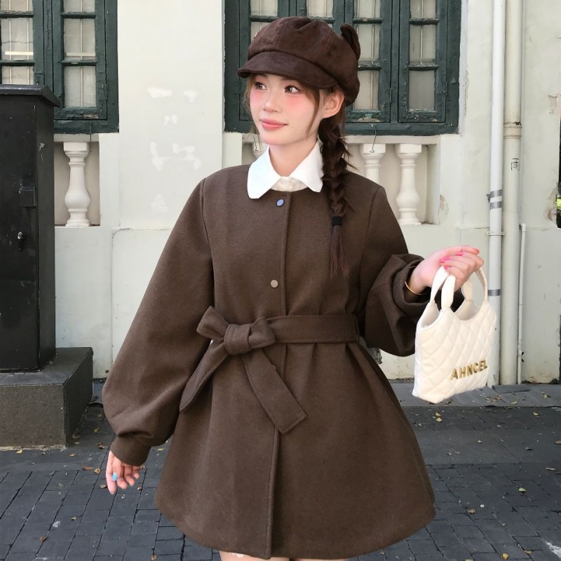 Round neck lantern sleeve dress frenum overcoat for women