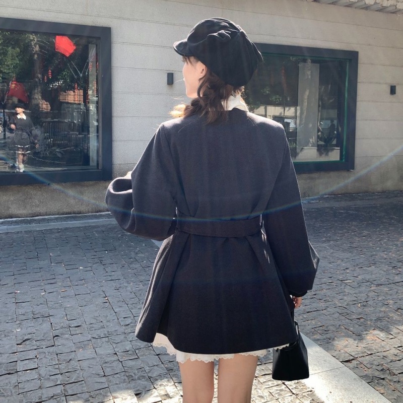 Round neck lantern sleeve dress frenum overcoat for women