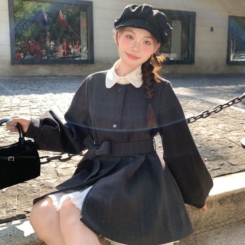 Round neck lantern sleeve dress frenum overcoat for women