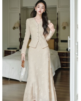 White knitted skirt chanelstyle coat 2pcs set for women