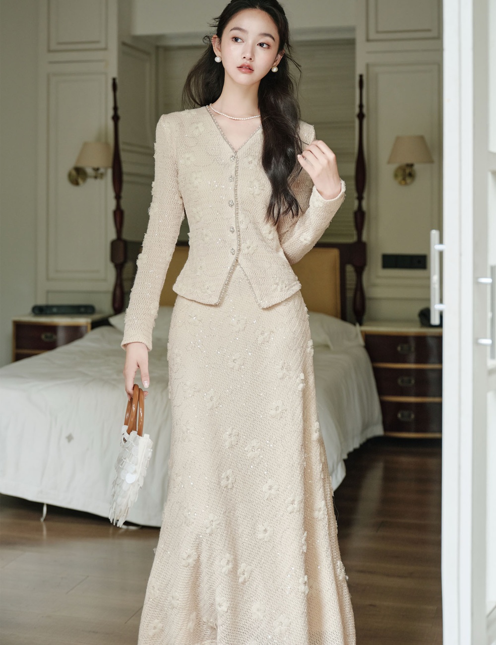 White knitted skirt chanelstyle coat 2pcs set for women